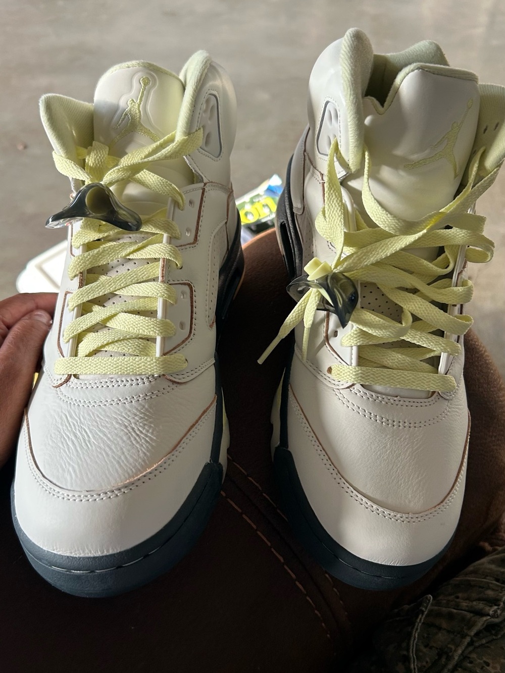 Jordan 5 Wm off White and luminous green Athletic Shoes.. sz11 Wm and fits 9.5mn
